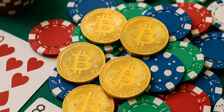Bitcoin coins resting on casino poker chips next to playing cards