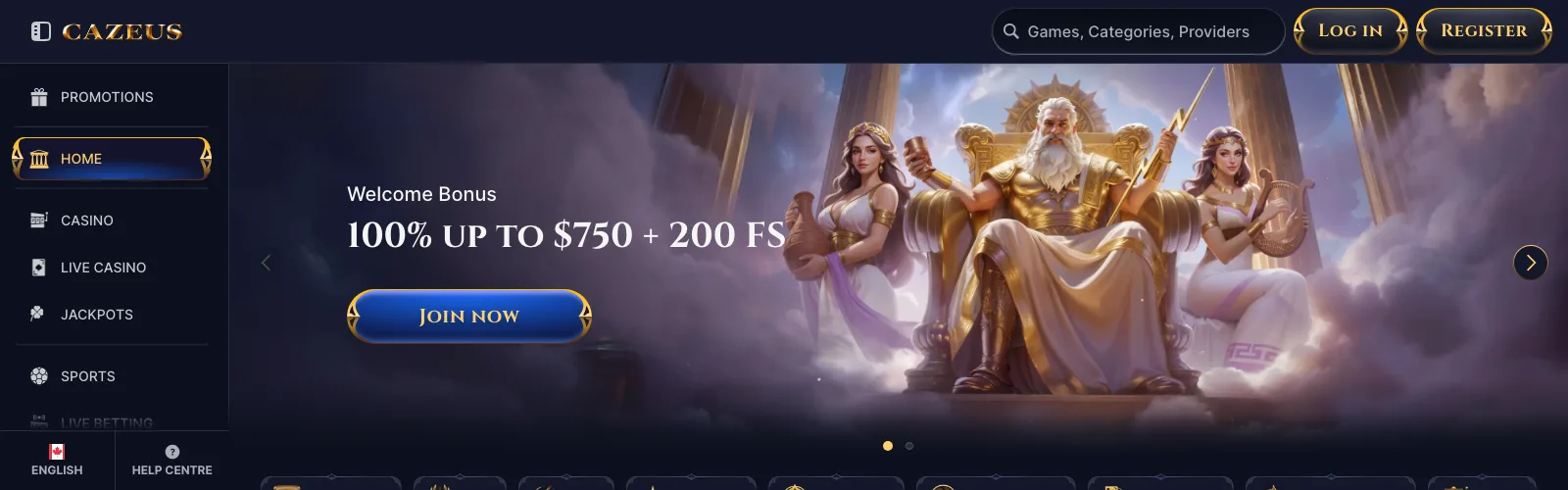 Cazeus casino homepage