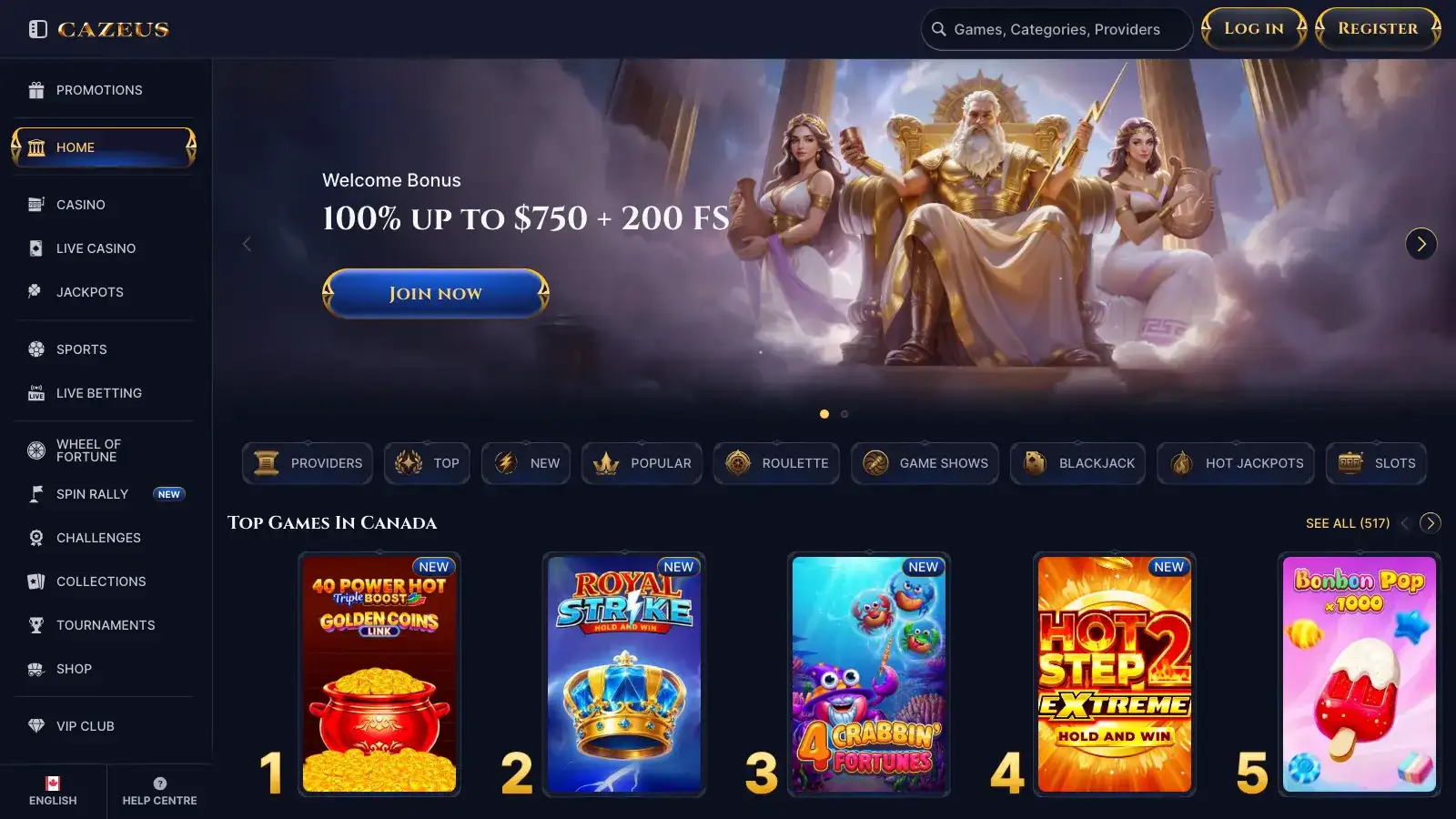 Cazeus casino homepage lobby showing the welcome bonus banner and top games in Canada
