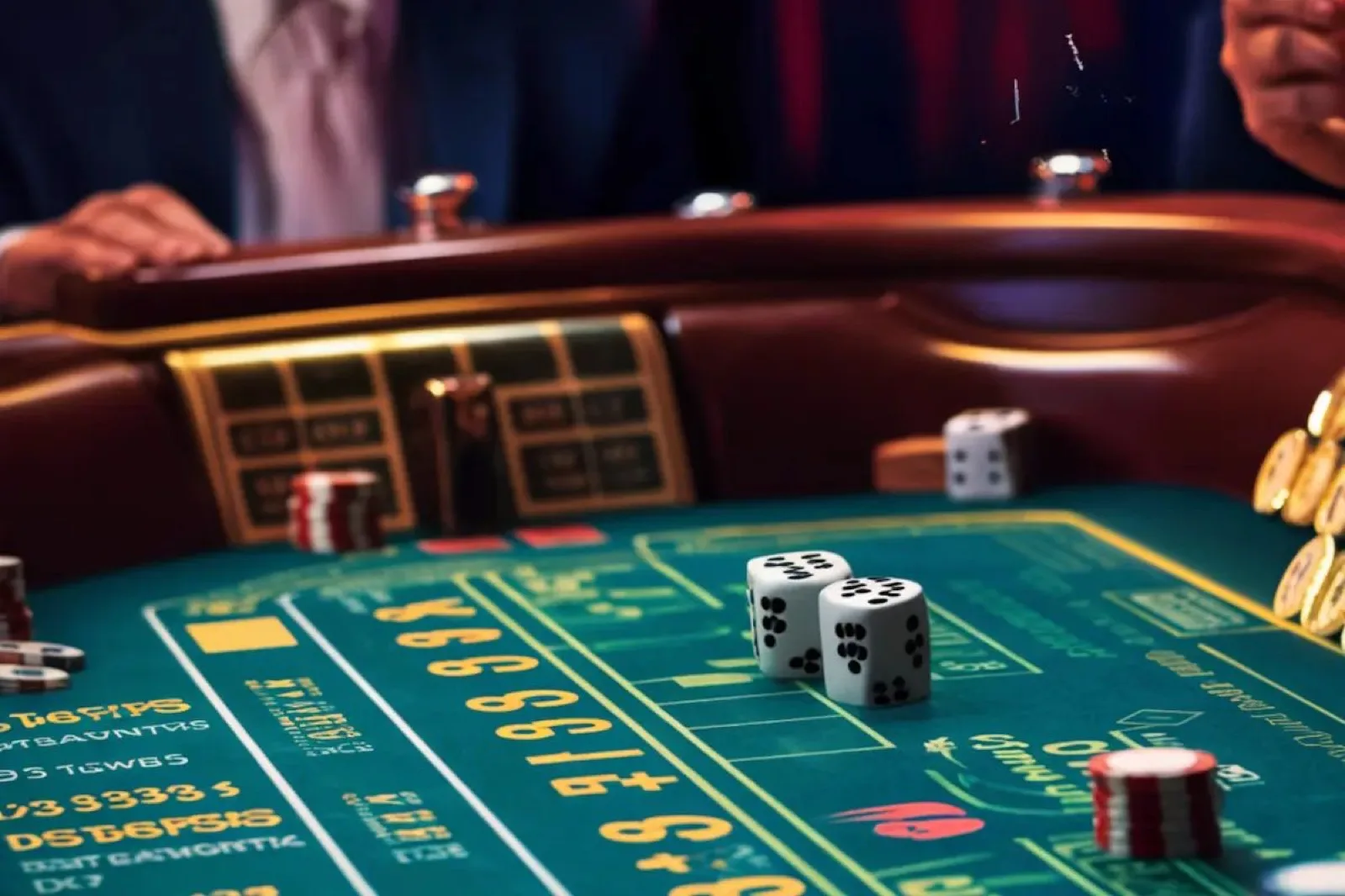Pair of dice resting on a craps table felt next to stacked casino chips