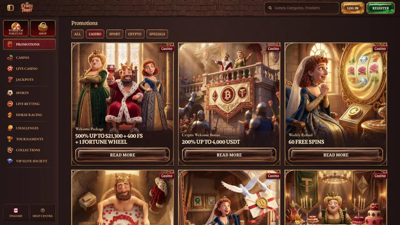 CrazyTower promotions page listing casino bonuses and cashback offers
