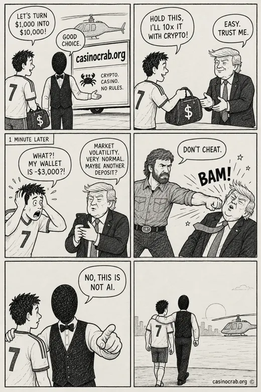 Comic strip illustration for the Casinocrab Dogecoin casino guide