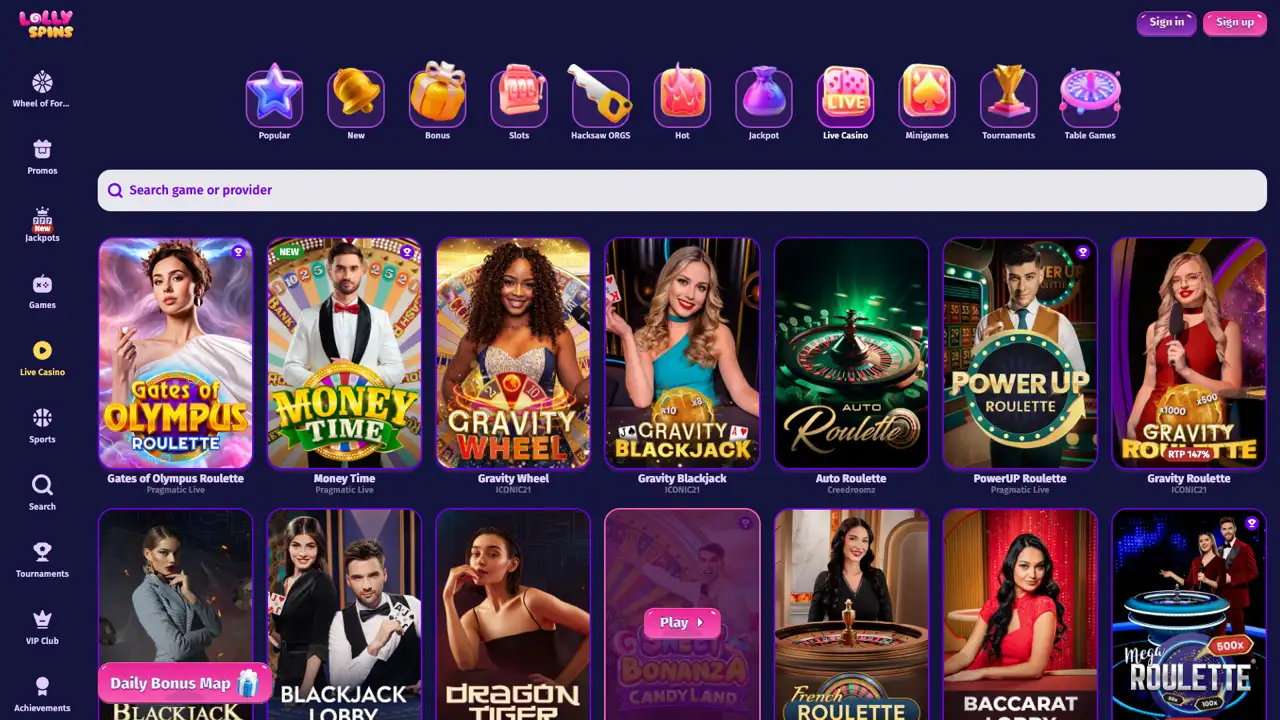 LollySpins live dealer casino lobby with roulette and blackjack tables