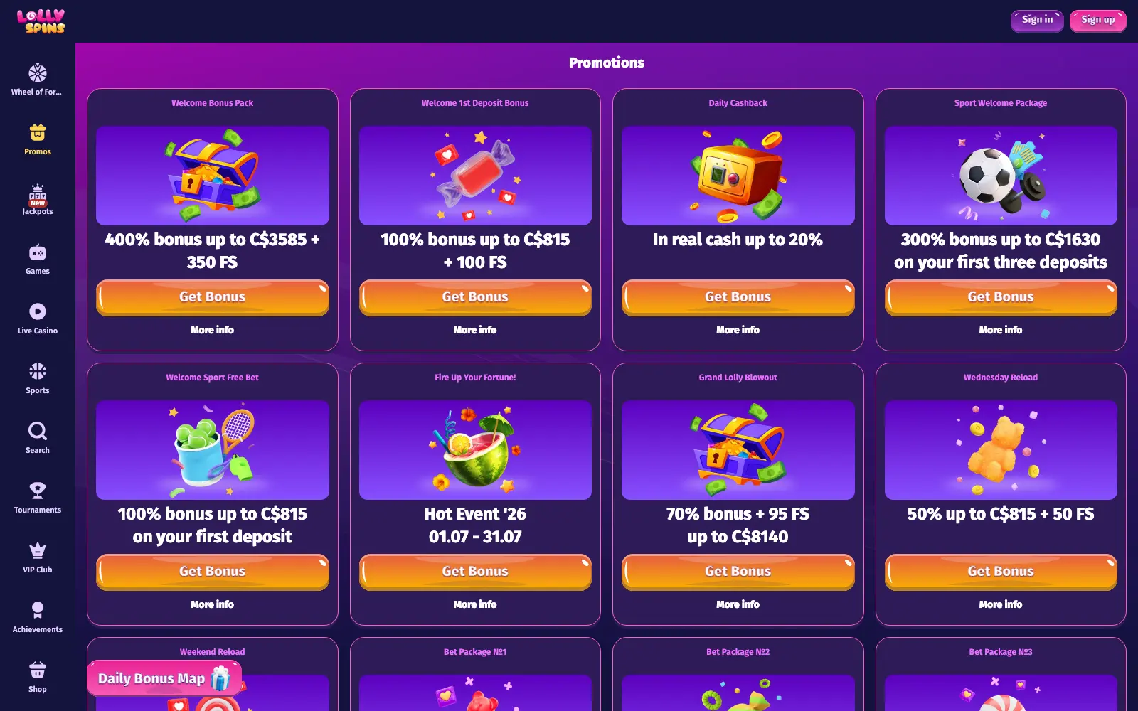 LollySpins promotions page listing casino bonuses