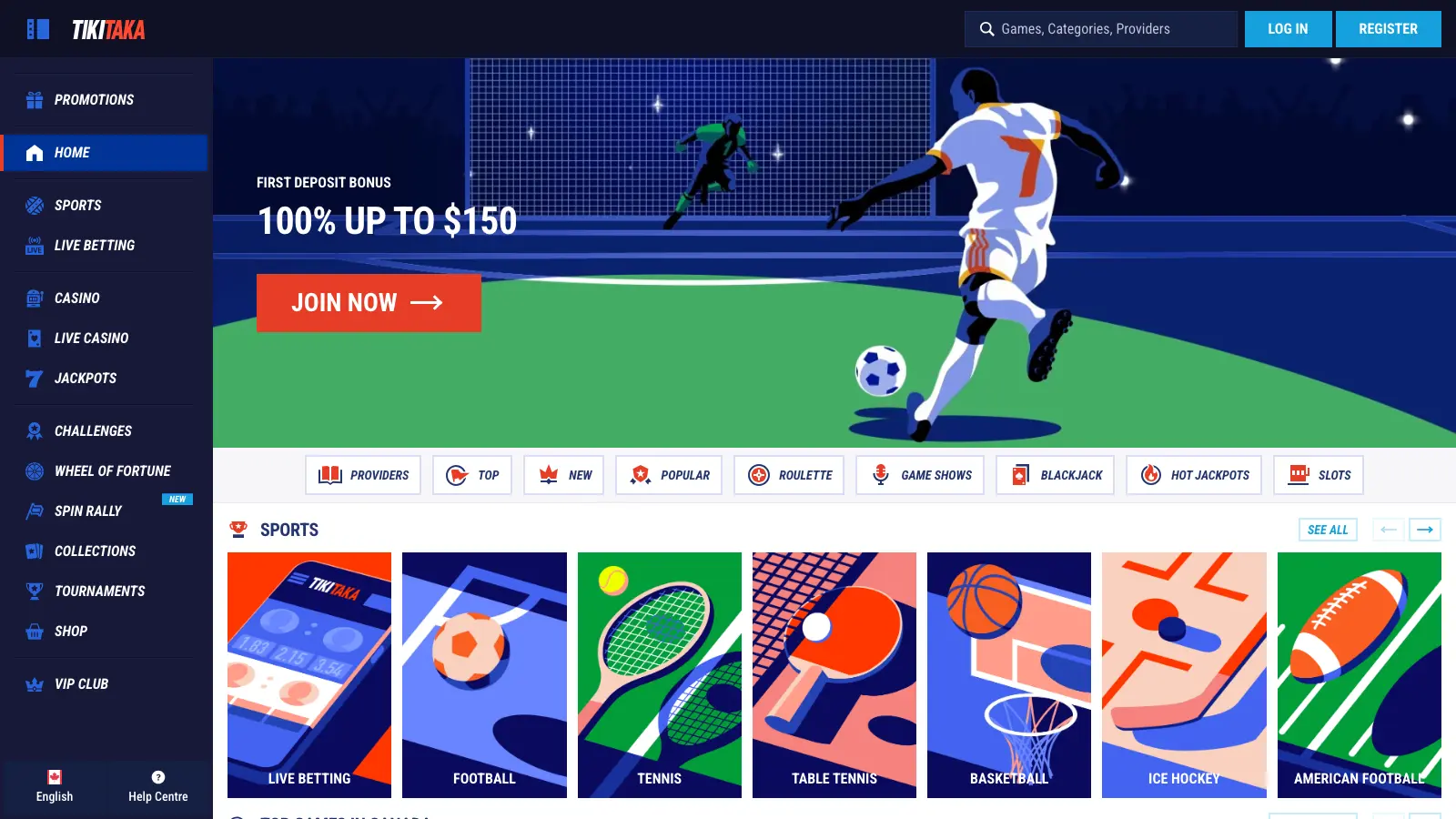 TikiTaka casino sportsbook homepage as it renders for a Canadian visitor