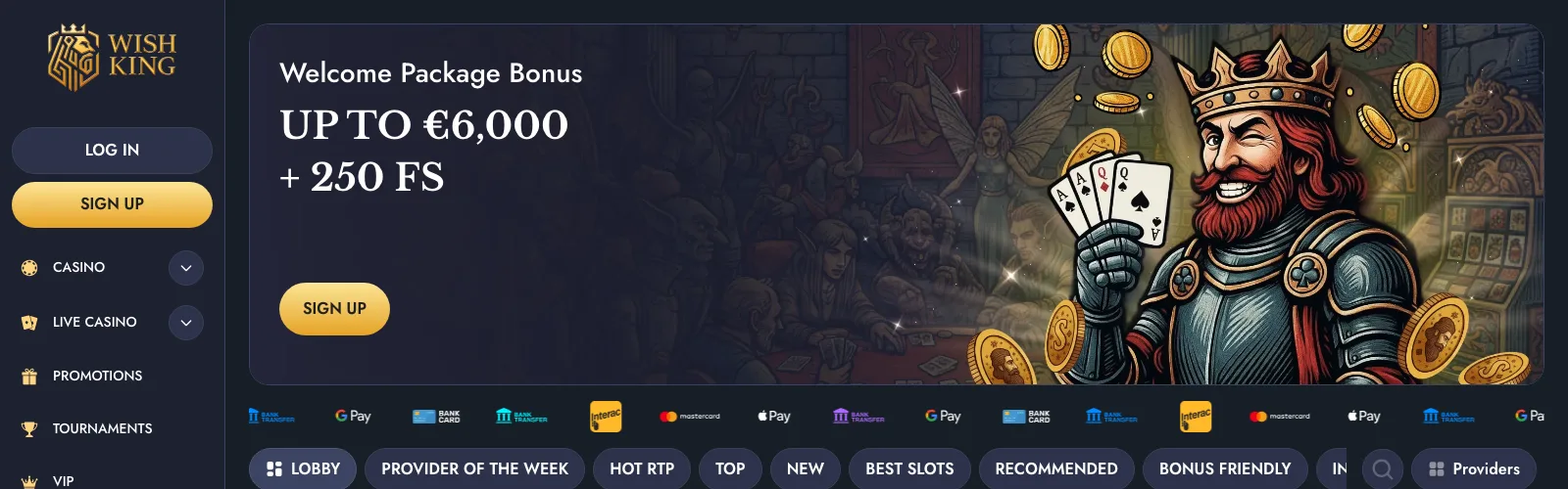 WishKing casino homepage