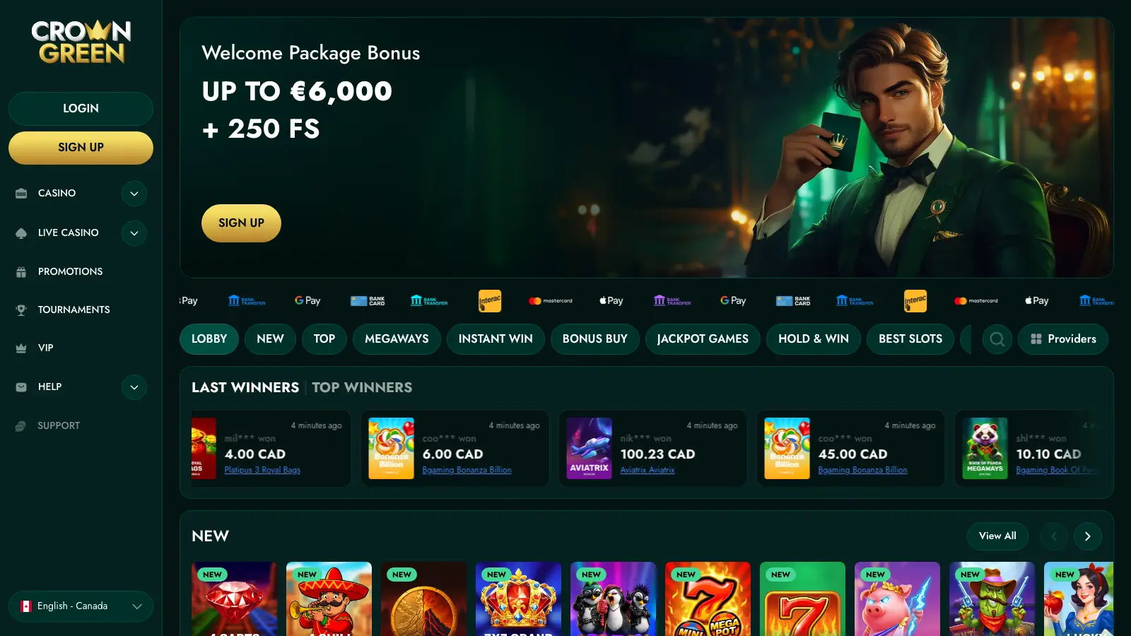CrownGreen casino homepage showing the welcome package banner and last winners ticker