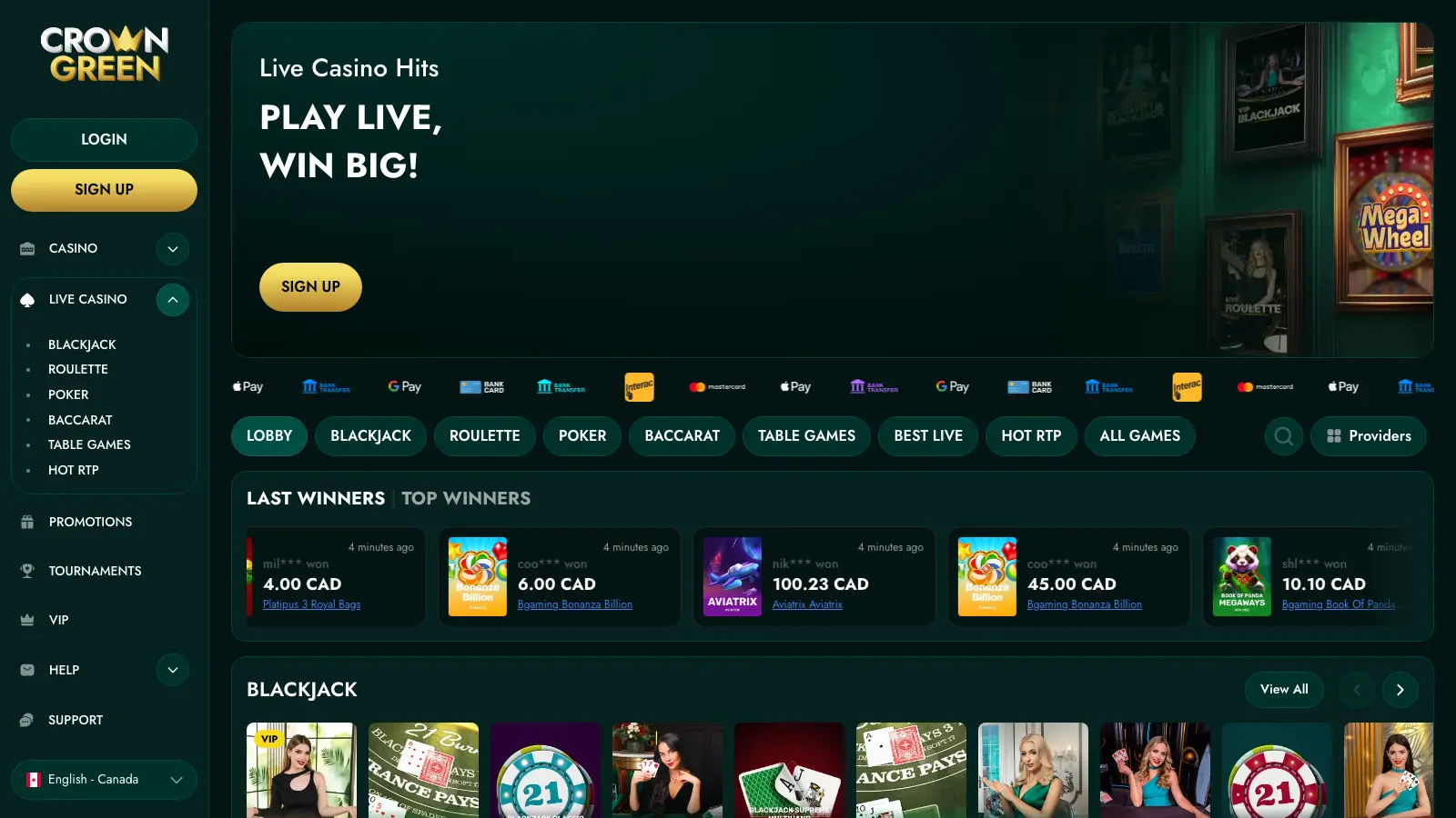 CrownGreen live casino lobby with blackjack, roulette and Mega Wheel tables