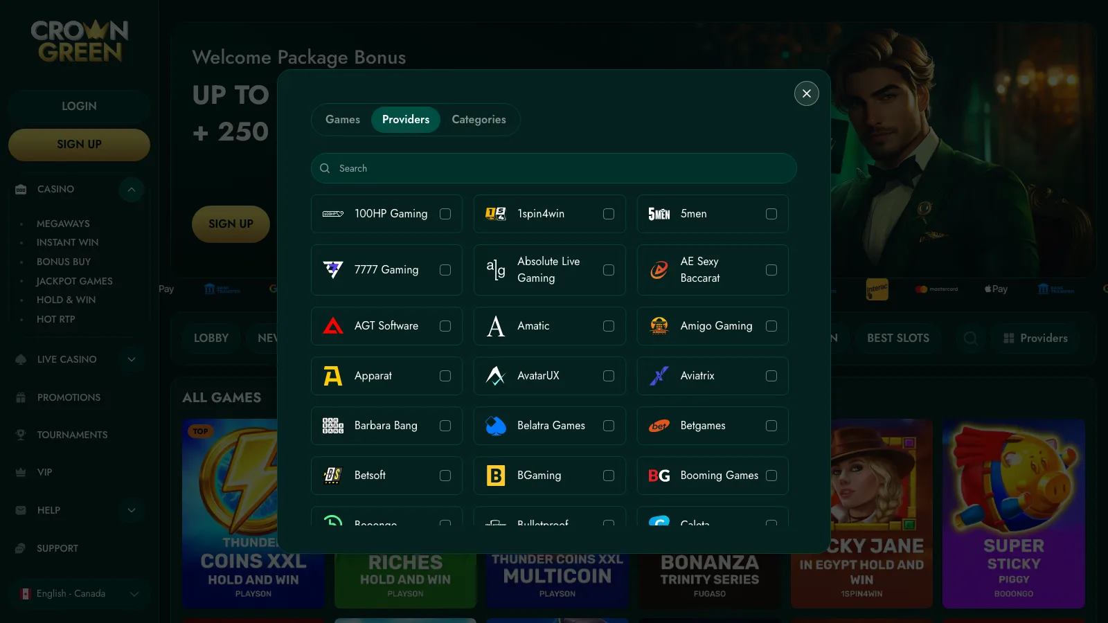 CrownGreen provider filter panel listing 74 game studios
