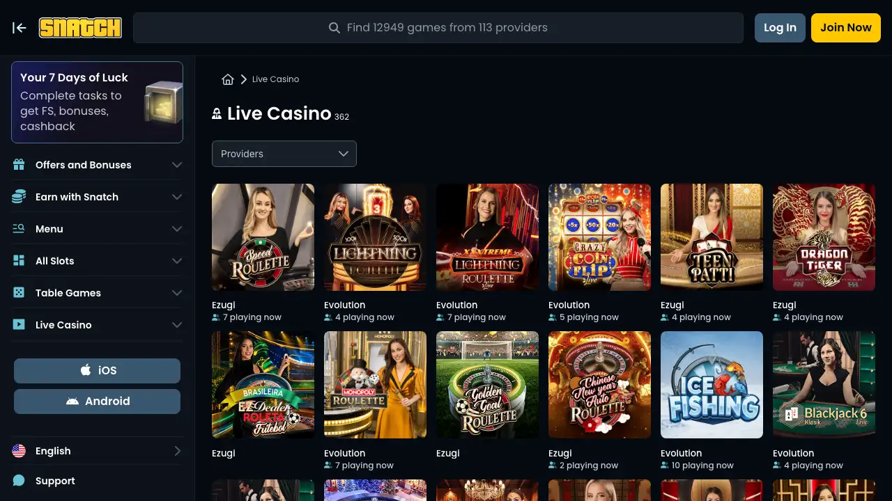 Snatch live casino lobby with Evolution and Ezugi roulette, blackjack and game show tables