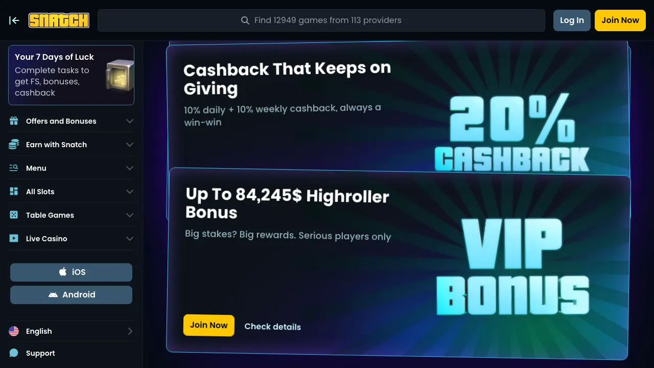 Snatch promotions page showing the 20% cashback and up to $84,245 highroller bonus tiles