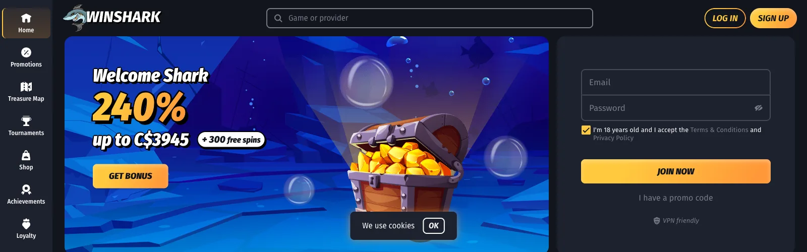Winshark casino homepage banner