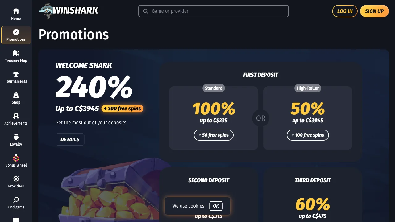 Winshark promotions page showing the standard and high-roller first deposit tiers plus second and third deposit bonuses