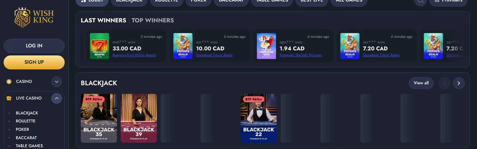 WishKing live dealer casino lobby with real-money blackjack tables