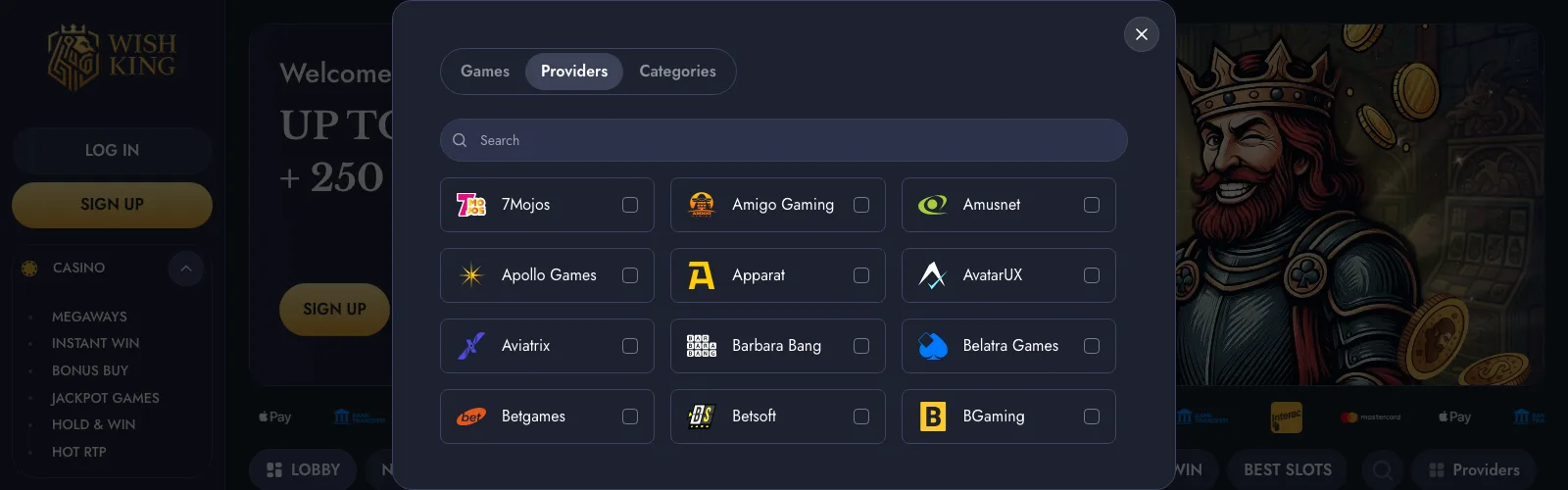 WishKing provider selection modal showing dozens of software studios